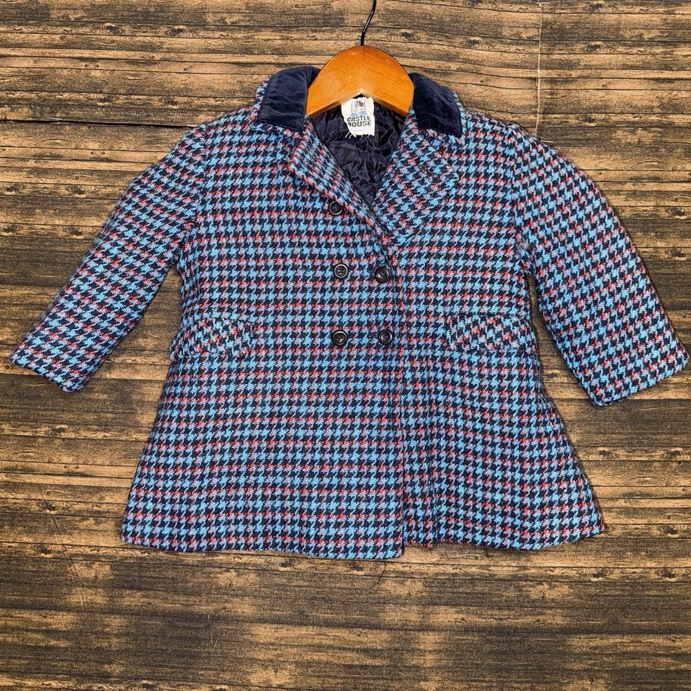 Vintage 60s Castle House Union Made Girls Baby Coat Blue Plaid